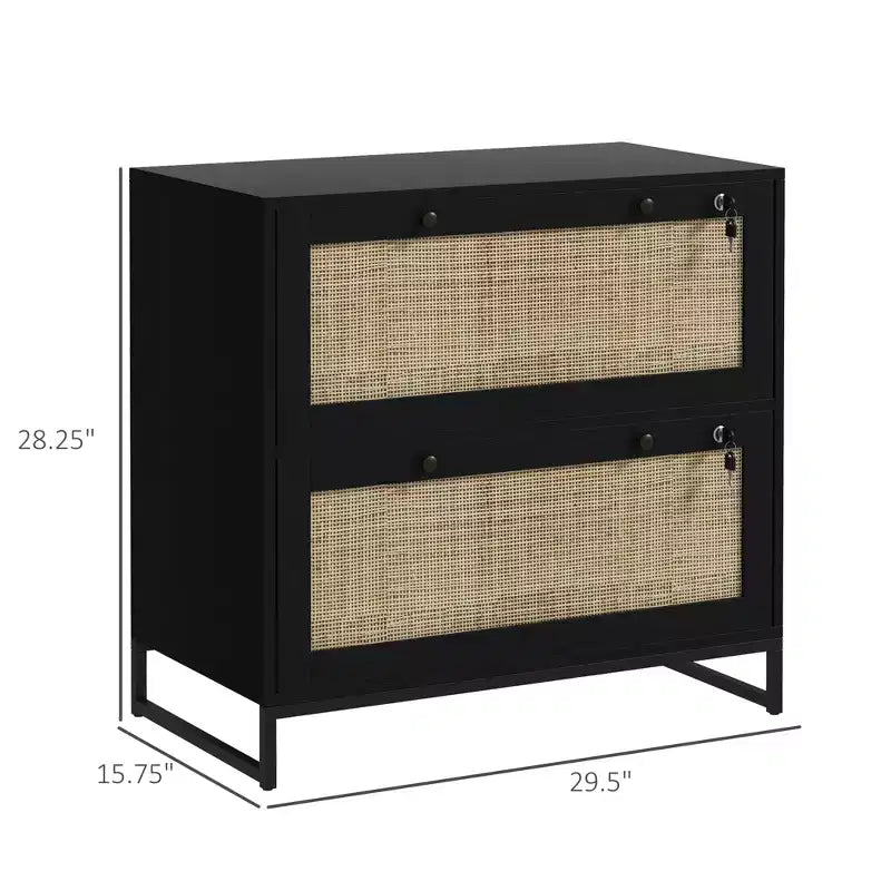 Mobile schedario con serratura a 2 cassetti, design Boho, colore nero/legno naturale/bianco