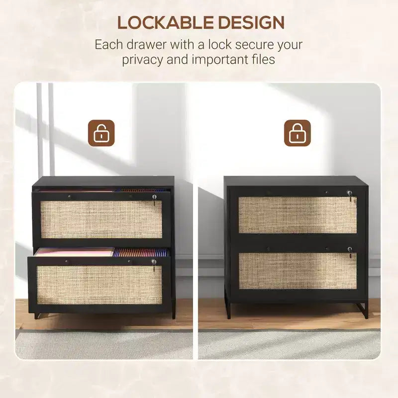 Mobile schedario con serratura a 2 cassetti, design Boho, colore nero/legno naturale/bianco