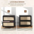Mobile schedario con serratura a 2 cassetti, design Boho, colore nero/legno naturale/bianco