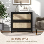 Mobile schedario con serratura a 2 cassetti, design Boho, colore nero/legno naturale/bianco
