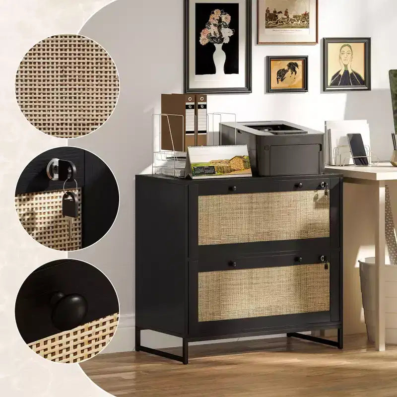 Mobile schedario con serratura a 2 cassetti, design Boho, colore nero/legno naturale/bianco