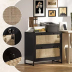 Mobile schedario con serratura a 2 cassetti, design Boho, colore nero/legno naturale/bianco