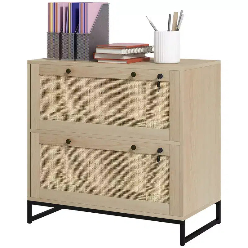 Mobile schedario con serratura a 2 cassetti, design Boho, colore nero/legno naturale/bianco