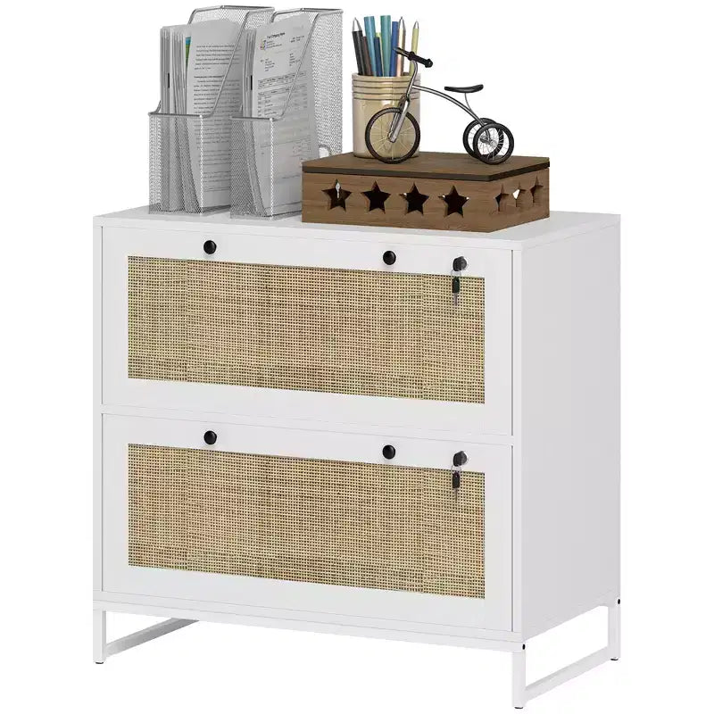 Mobile schedario con serratura a 2 cassetti, design Boho, colore nero/legno naturale/bianco
