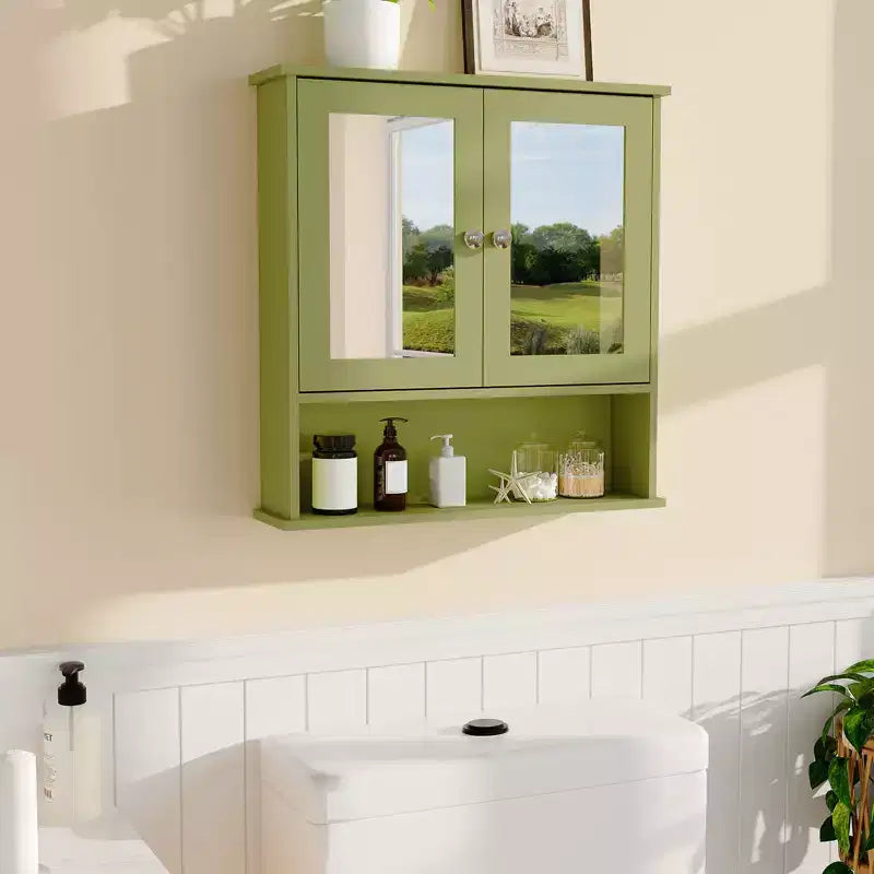 Armadietto pensile per WC, montabile a parete, a 2 ripiani e 2 ante, singolo, colore verde/quercia/bianco