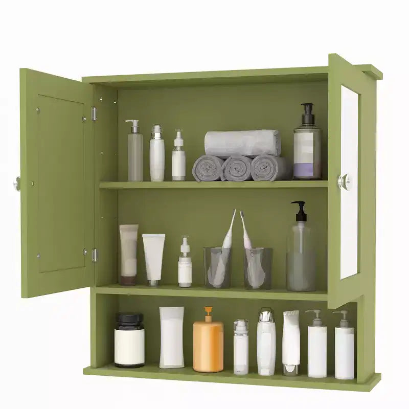 Armadietto pensile per WC, montabile a parete, a 2 ripiani e 2 ante, singolo, colore verde/quercia/bianco