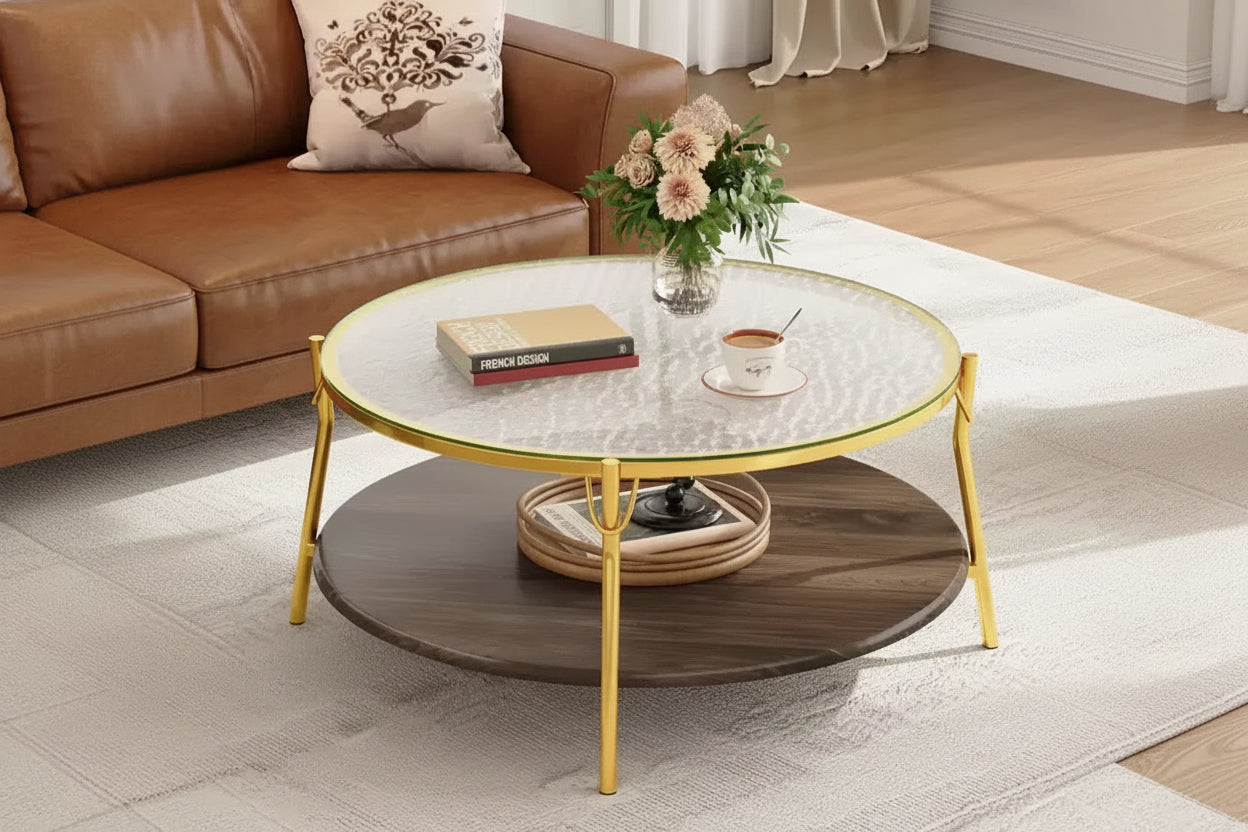 Modern Round Walnut 2-Tiered Coffee Table with Glass Top and Gold Base for Living Room, 29.9