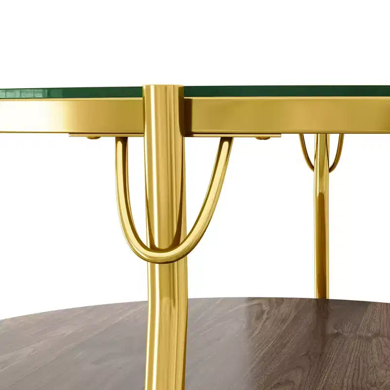Tavolino da caffè rotondo a 2 ripiani in noce e oro con piano in vetro