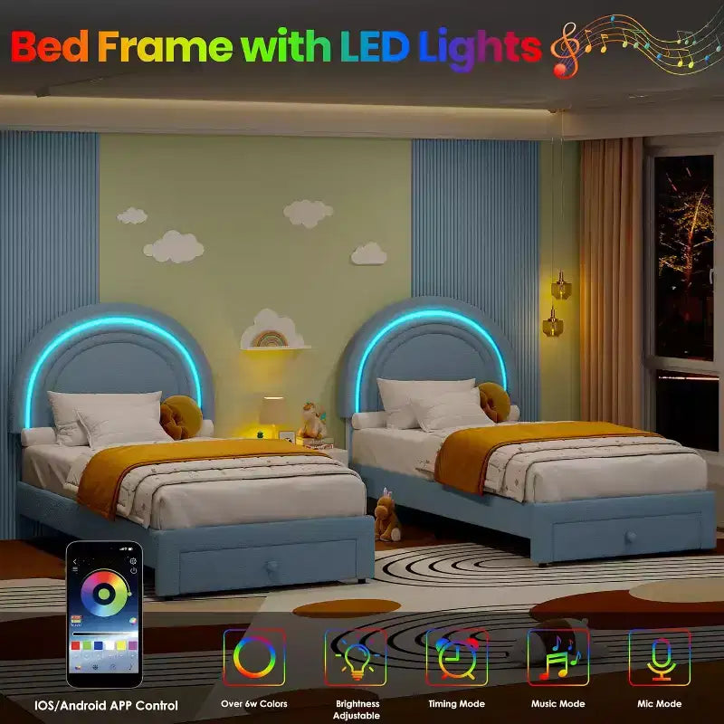Struttura letto imbottita per bambini con cassetti contenitore e testiera LED Arcobaleno – Beige / Blu / Rosa / Bianco, Singolo