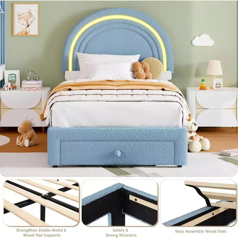 Struttura letto imbottita per bambini con cassetti contenitore e testiera LED Arcobaleno – Beige / Blu / Rosa / Bianco, Singolo