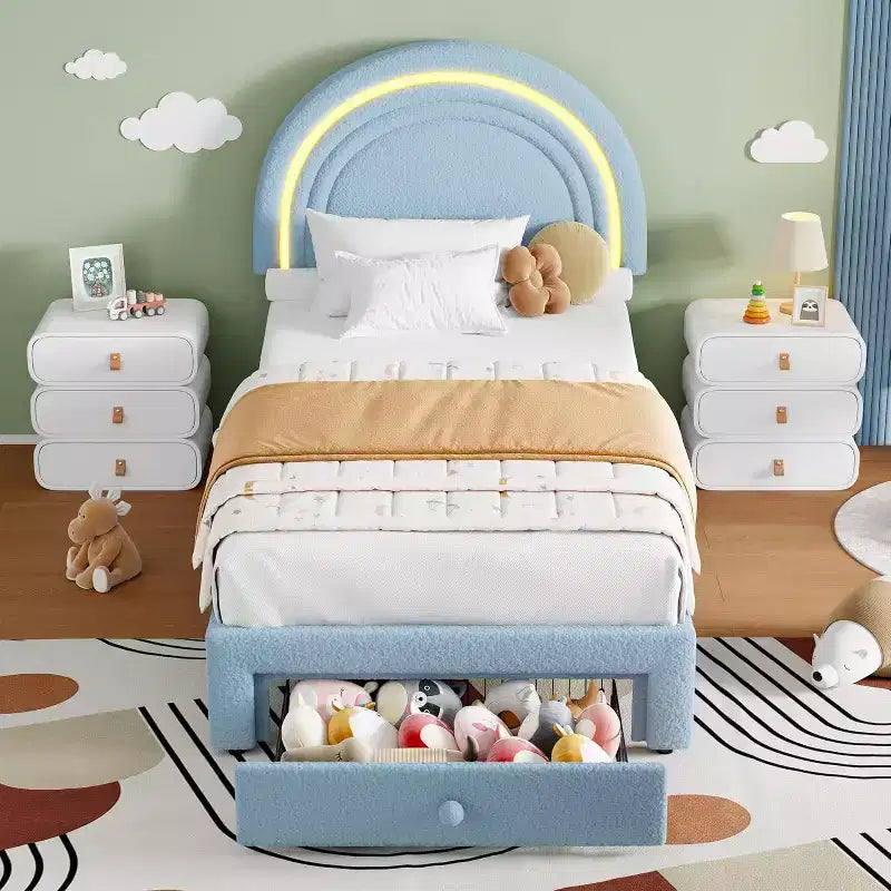 Struttura letto imbottita per bambini con cassetti contenitore e testiera LED Arcobaleno – Beige / Blu / Rosa / Bianco, Singolo