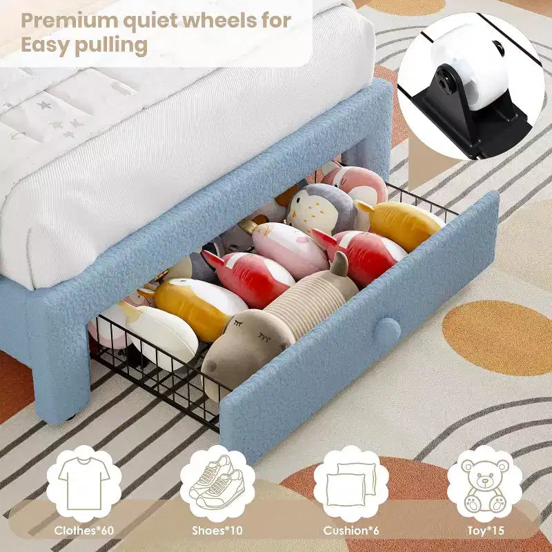 Struttura letto imbottita per bambini con cassetti contenitore e testiera LED Arcobaleno – Beige / Blu / Rosa / Bianco, Singolo