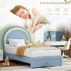 Struttura letto imbottita per bambini con cassetti contenitore e testiera LED Arcobaleno – Beige / Blu / Rosa / Bianco, Singolo