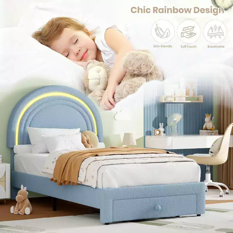 Struttura letto imbottita per bambini con cassetti contenitore e testiera LED Arcobaleno – Beige / Blu / Rosa / Bianco, Singolo