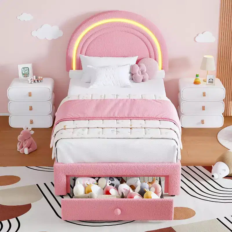 Struttura letto imbottita per bambini con cassetti contenitore e testiera LED Arcobaleno – Beige / Blu / Rosa / Bianco, Singolo