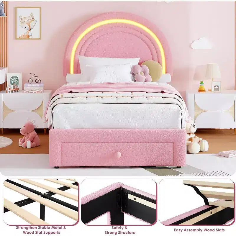 Struttura letto imbottita per bambini con cassetti contenitore e testiera LED Arcobaleno – Beige / Blu / Rosa / Bianco, Singolo