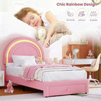 Struttura letto imbottita per bambini con cassetti contenitore e testiera LED Arcobaleno – Beige / Blu / Rosa / Bianco, Singolo