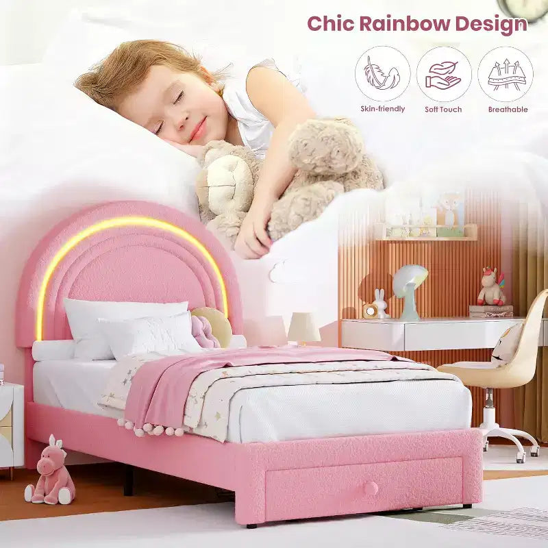 Struttura letto imbottita per bambini con cassetti contenitore e testiera LED Arcobaleno – Beige / Blu / Rosa / Bianco, Singolo