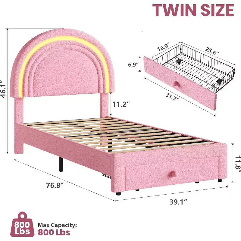 Struttura letto imbottita per bambini con cassetti contenitore e testiera LED Arcobaleno – Beige / Blu / Rosa / Bianco, Singolo
