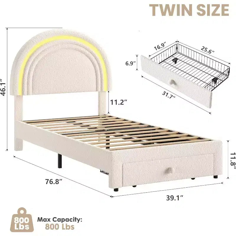 Struttura letto imbottita per bambini con cassetti contenitore e testiera LED Arcobaleno – Beige / Blu / Rosa / Bianco, Singolo