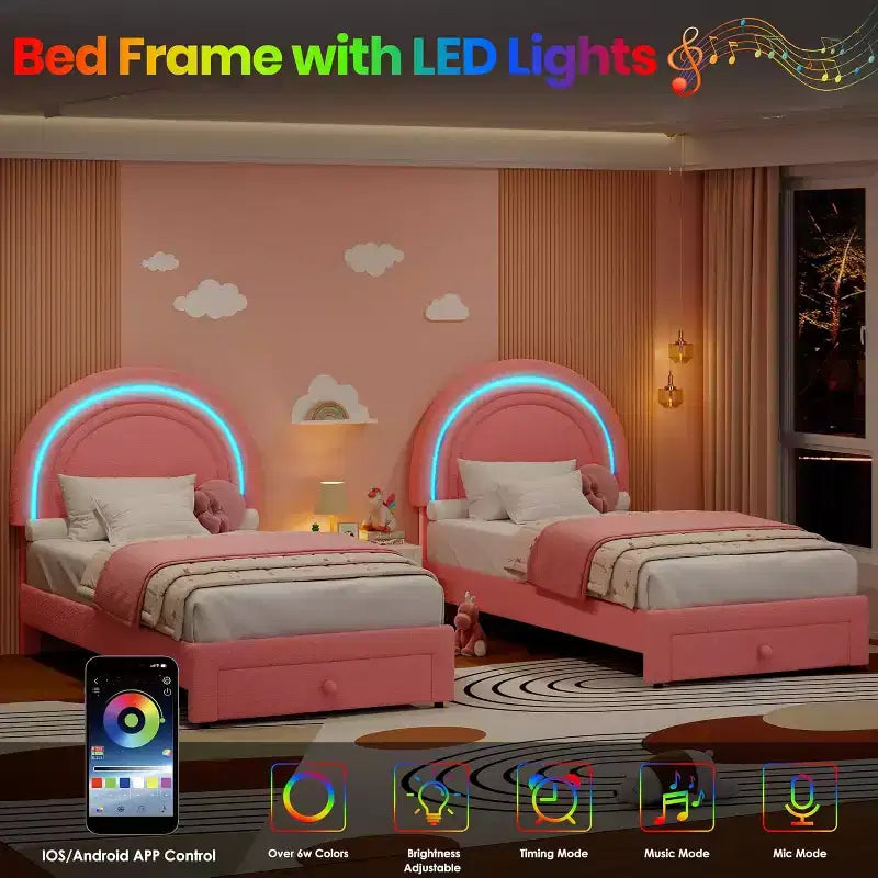 Struttura letto imbottita per bambini con cassetti contenitore e testiera LED Arcobaleno – Beige / Blu / Rosa / Bianco, Singolo