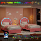 Struttura letto imbottita per bambini con cassetti contenitore e testiera LED Arcobaleno – Beige / Blu / Rosa / Bianco, Singolo