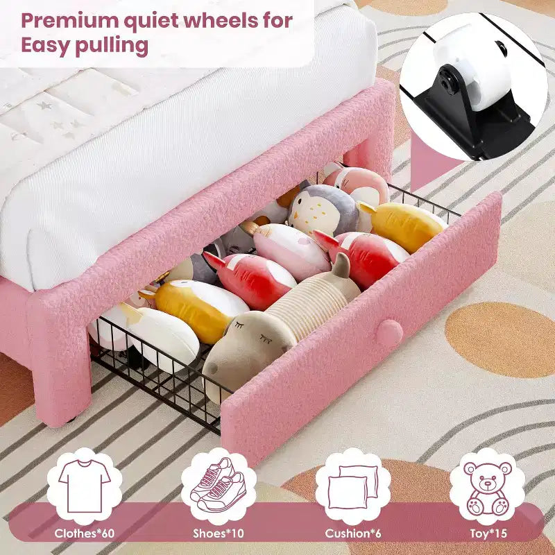 Struttura letto imbottita per bambini con cassetti contenitore e testiera LED Arcobaleno – Beige / Blu / Rosa / Bianco, Singolo