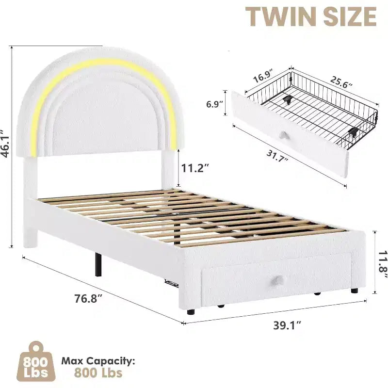 Struttura letto imbottita per bambini con cassetti contenitore e testiera LED Arcobaleno – Beige / Blu / Rosa / Bianco, Singolo