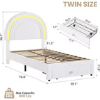 Struttura letto imbottita per bambini con cassetti contenitore e testiera LED Arcobaleno – Beige / Blu / Rosa / Bianco, Singolo