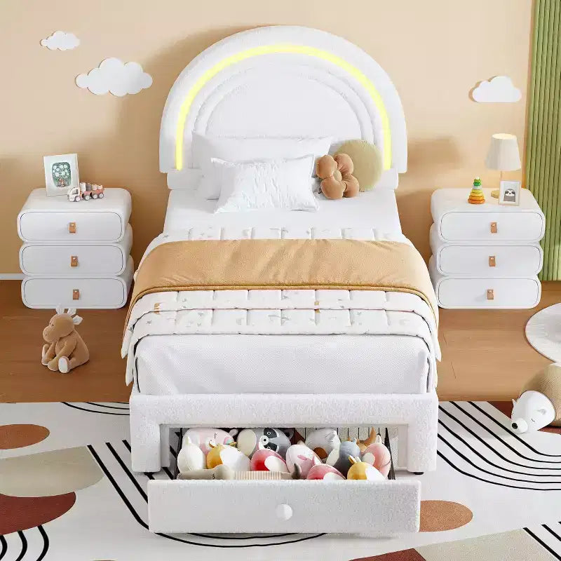 Struttura letto imbottita per bambini con cassetti contenitore e testiera LED Arcobaleno – Beige / Blu / Rosa / Bianco, Singolo