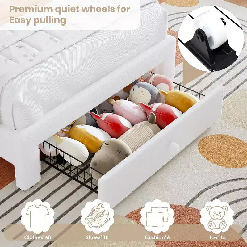 Struttura letto imbottita per bambini con cassetti contenitore e testiera LED Arcobaleno – Beige / Blu / Rosa / Bianco, Singolo