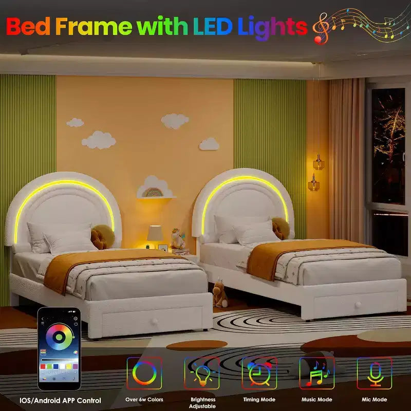 Struttura letto imbottita per bambini con cassetti contenitore e testiera LED Arcobaleno – Beige / Blu / Rosa / Bianco, Singolo