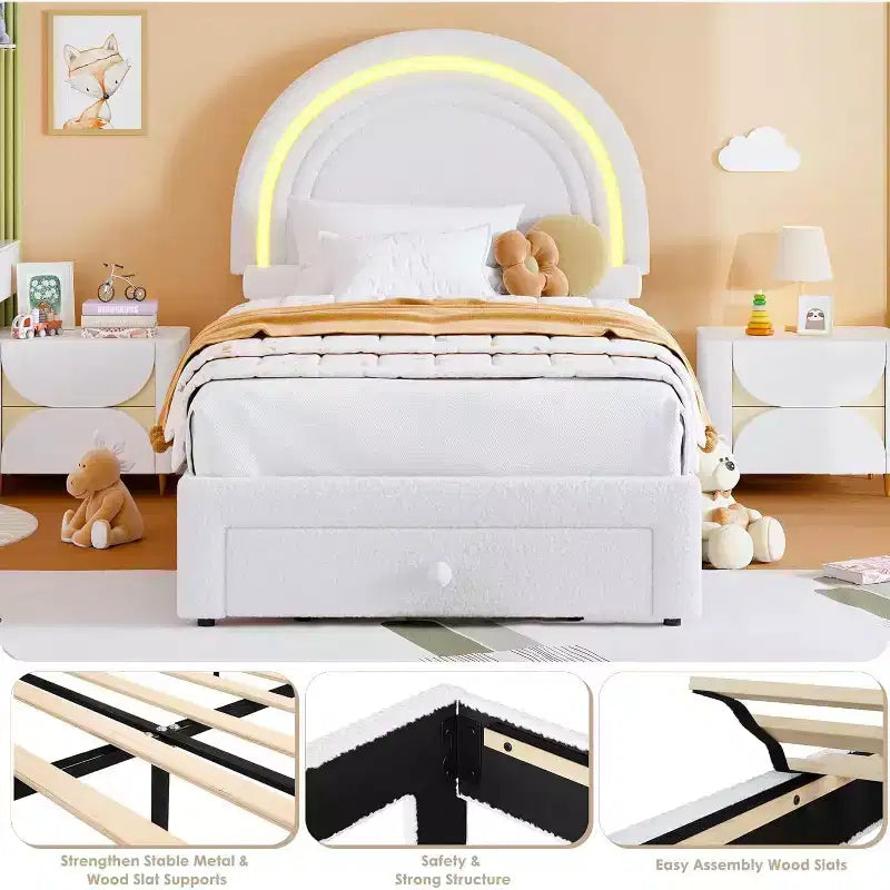 Struttura letto imbottita per bambini con cassetti contenitore e testiera LED Arcobaleno – Beige / Blu / Rosa / Bianco, Singolo