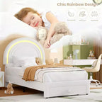Struttura letto imbottita per bambini con cassetti contenitore e testiera LED Arcobaleno – Beige / Blu / Rosa / Bianco, Singolo