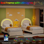 Struttura letto imbottita per bambini con cassetti contenitore e testiera LED Arcobaleno – Beige / Blu / Rosa / Bianco, Singolo