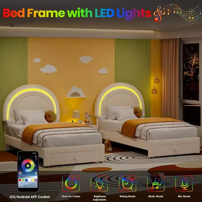 Struttura letto imbottita per bambini con cassetti contenitore e testiera LED Arcobaleno – Beige / Blu / Rosa / Bianco, Singolo