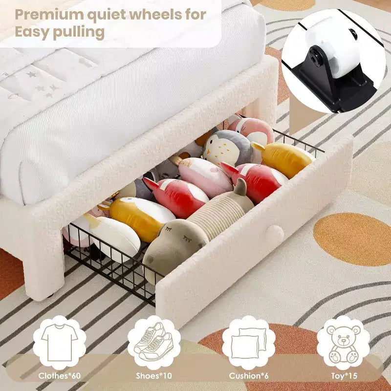 Struttura letto imbottita per bambini con cassetti contenitore e testiera LED Arcobaleno – Beige / Blu / Rosa / Bianco, Singolo