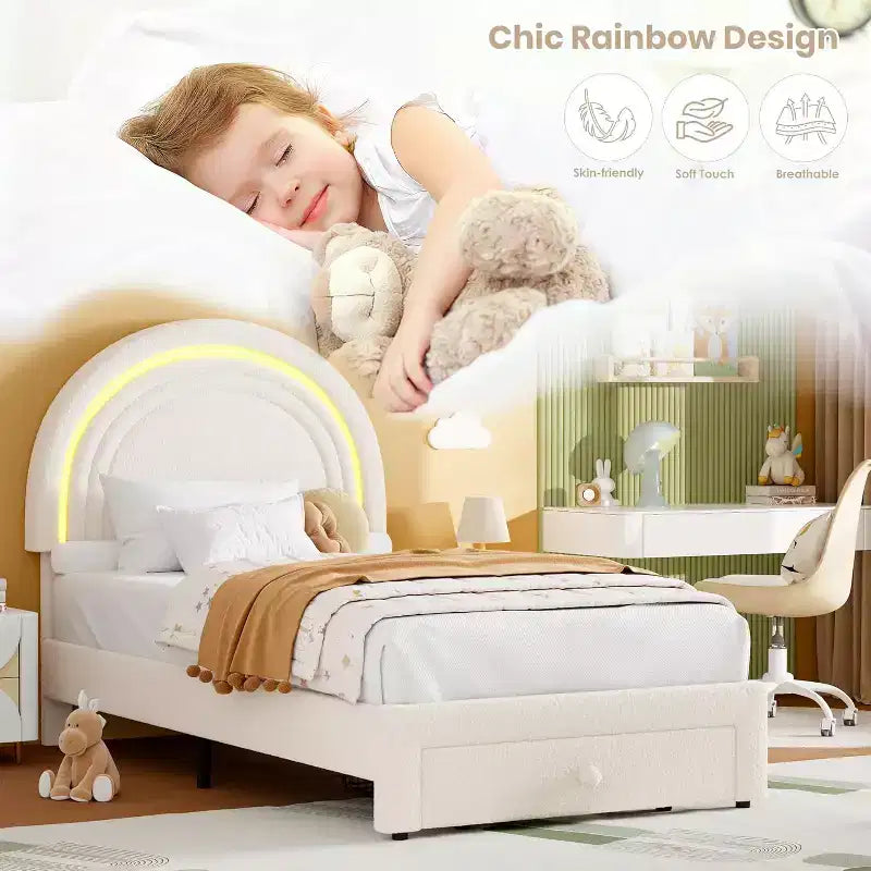 Struttura letto imbottita per bambini con cassetti contenitore e testiera LED Arcobaleno – Beige / Blu / Rosa / Bianco, Singolo