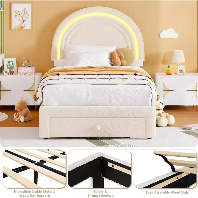 Struttura letto imbottita per bambini con cassetti contenitore e testiera LED Arcobaleno – Beige / Blu / Rosa / Bianco, Singolo