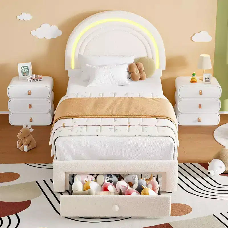 Struttura letto imbottita per bambini con cassetti contenitore e testiera LED Arcobaleno – Beige / Blu / Rosa / Bianco, Singolo