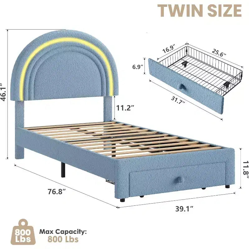 Struttura letto imbottita per bambini con cassetti contenitore e testiera LED Arcobaleno – Beige / Blu / Rosa / Bianco, Singolo