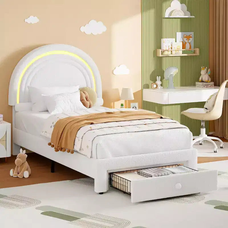 Struttura letto imbottita per bambini con cassetti contenitore e testiera LED Arcobaleno – Beige / Blu / Rosa / Bianco, Singolo