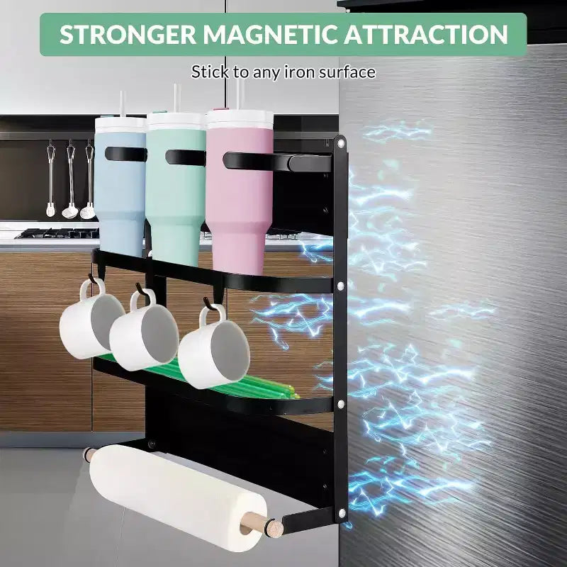 Portabicchieri magnetico pieghevole nero con mensola e ganci, capacità 3 tazze