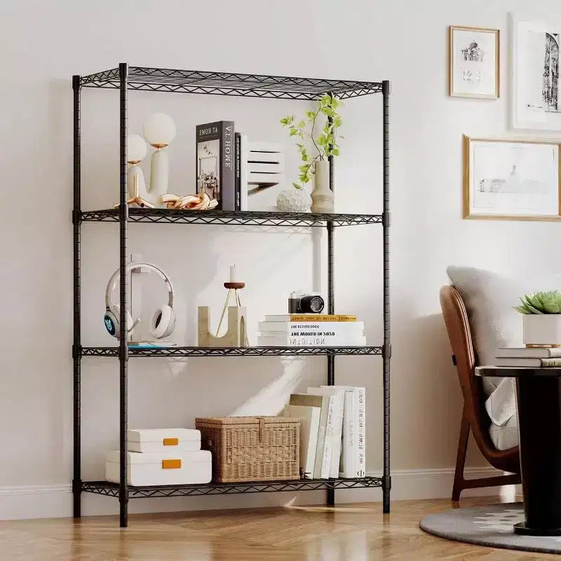 Scaffale a 4 ripiani in filo metallico nero, regolabile, montaggio per 1 persona