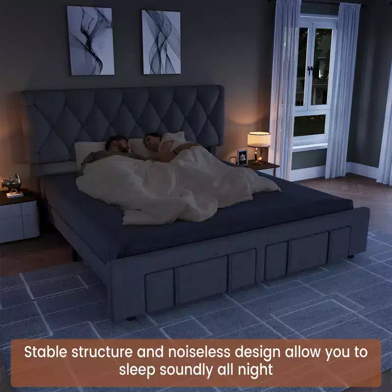 Struttura Letto a Piattaforma Imbottita Beige/Grigio con Cassetti Contenitore, Matrimoniale / King