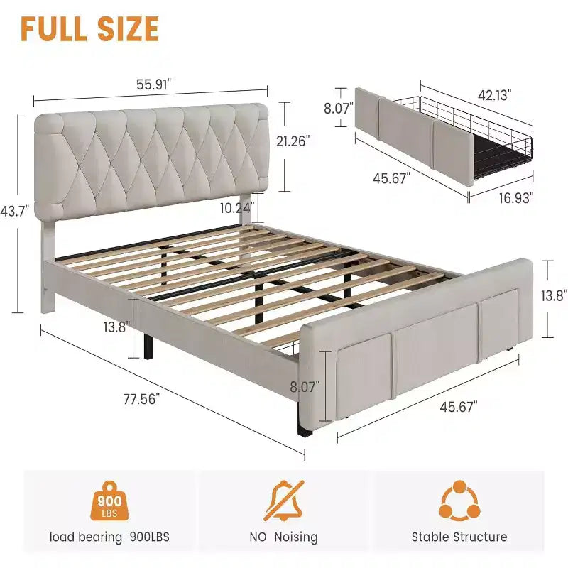 Struttura Letto a Piattaforma Imbottita Beige/Grigio con Cassetti Contenitore, Matrimoniale / King