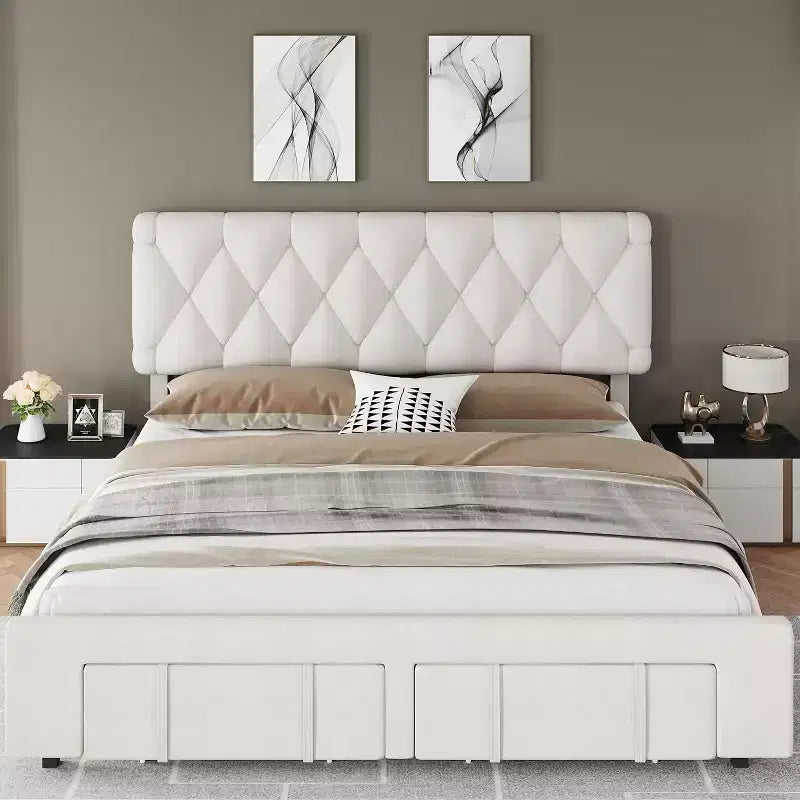 Struttura Letto a Piattaforma Imbottita Beige/Grigio con Cassetti Contenitore, Matrimoniale / King