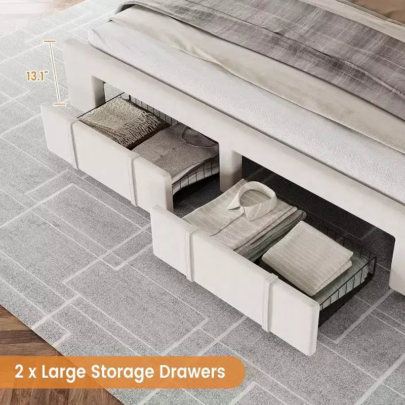 Struttura Letto a Piattaforma Imbottita Beige/Grigio con Cassetti Contenitore, Matrimoniale / King