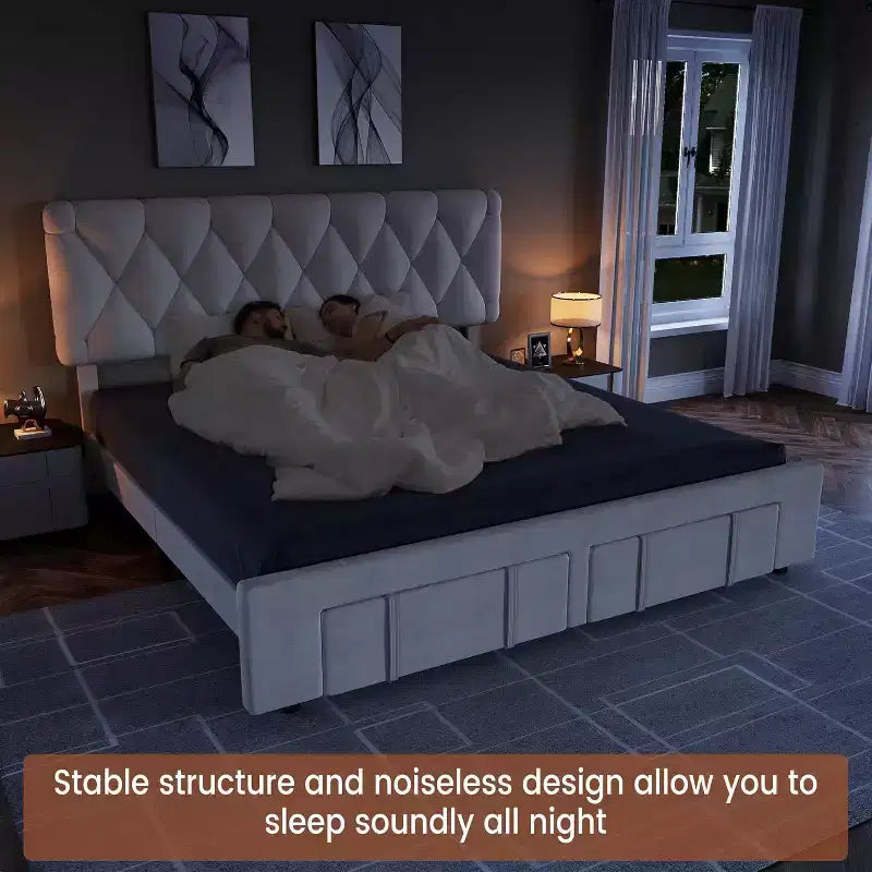 Struttura Letto a Piattaforma Imbottita Beige/Grigio con Cassetti Contenitore, Matrimoniale / King