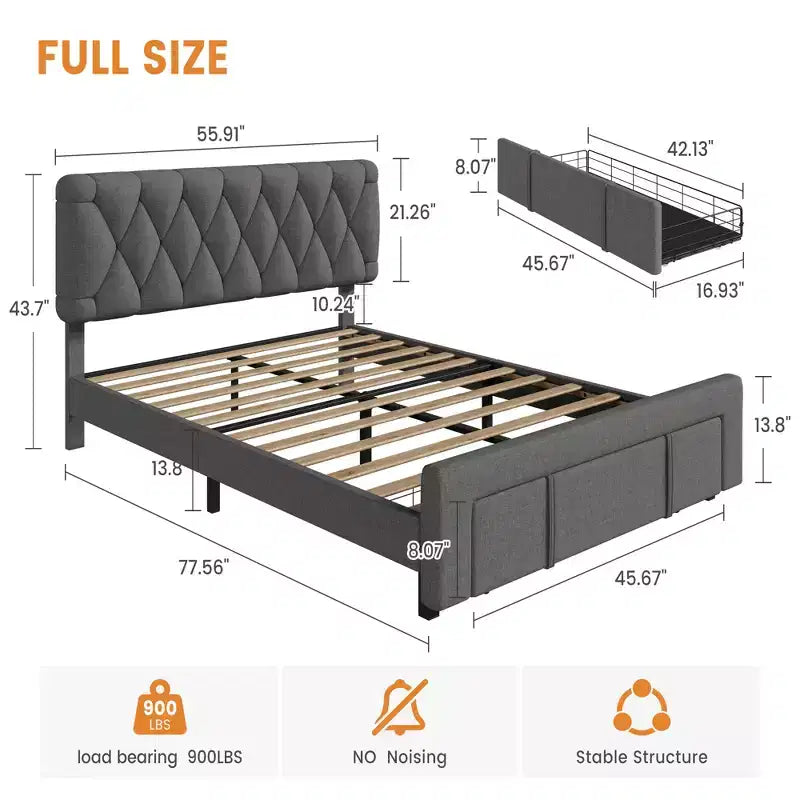 Struttura Letto a Piattaforma Imbottita Beige/Grigio con Cassetti Contenitore, Matrimoniale / King